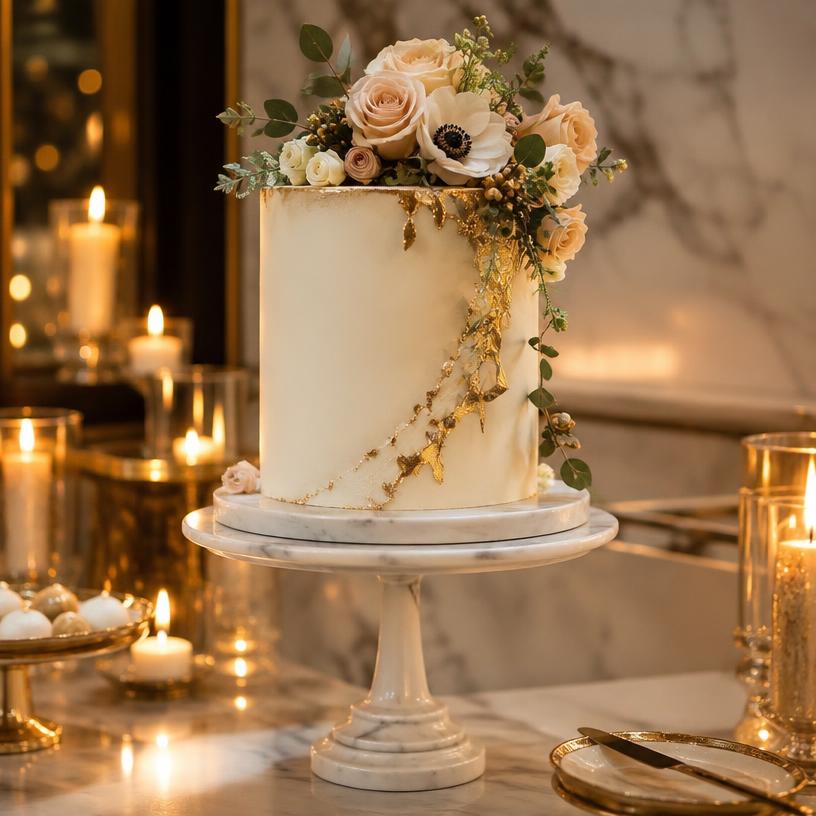 Custom celebration cake with gold leaf and florals
