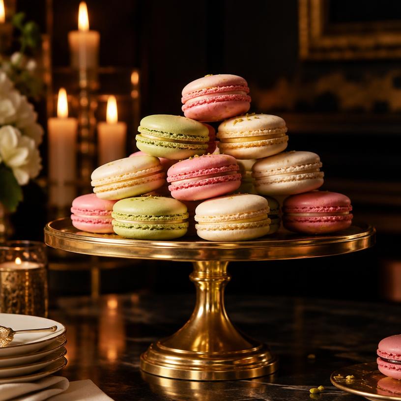 Pastel macarons stacked on a gold stand