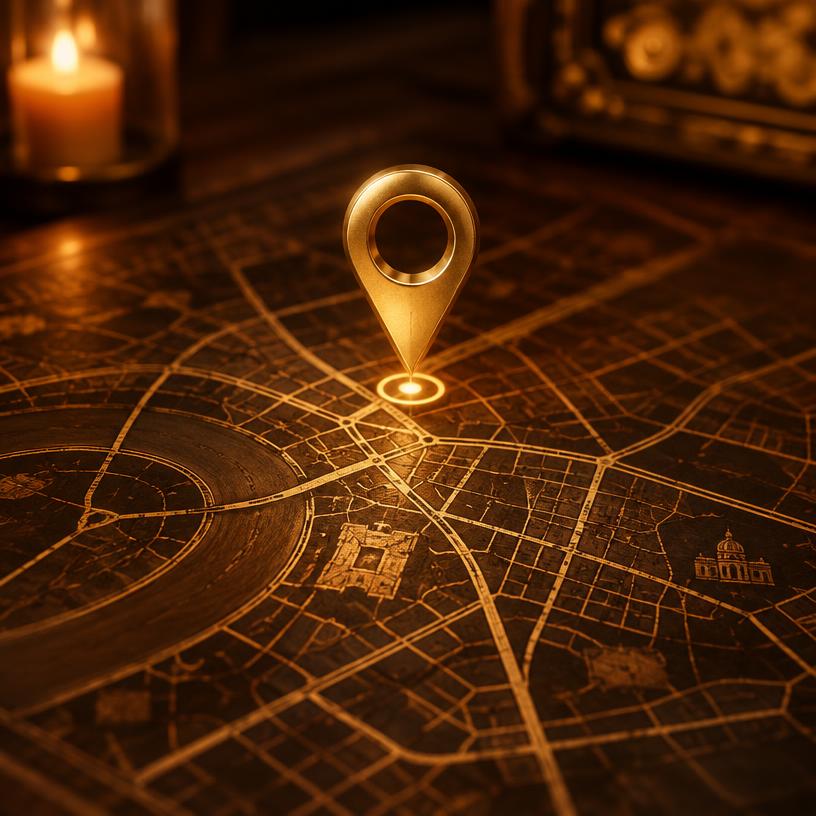 Gold map pin on a stylized map of Dearborn