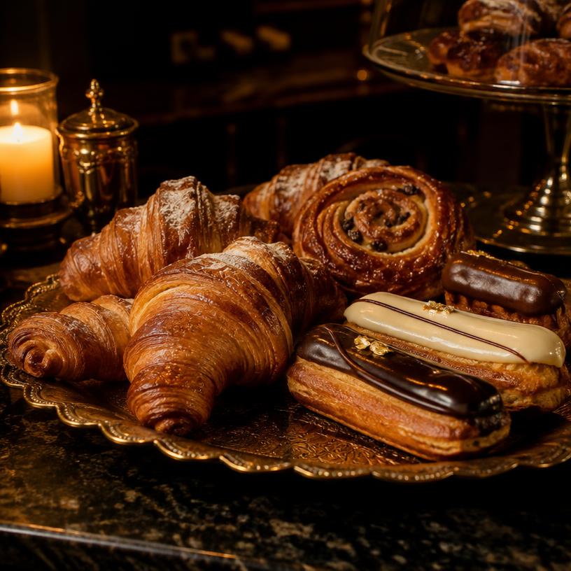 Croissants and éclairs on a gold plate